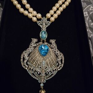 Heidi Daus Pearl Strand Necklace with Turquoise Blue Crystal Pendant